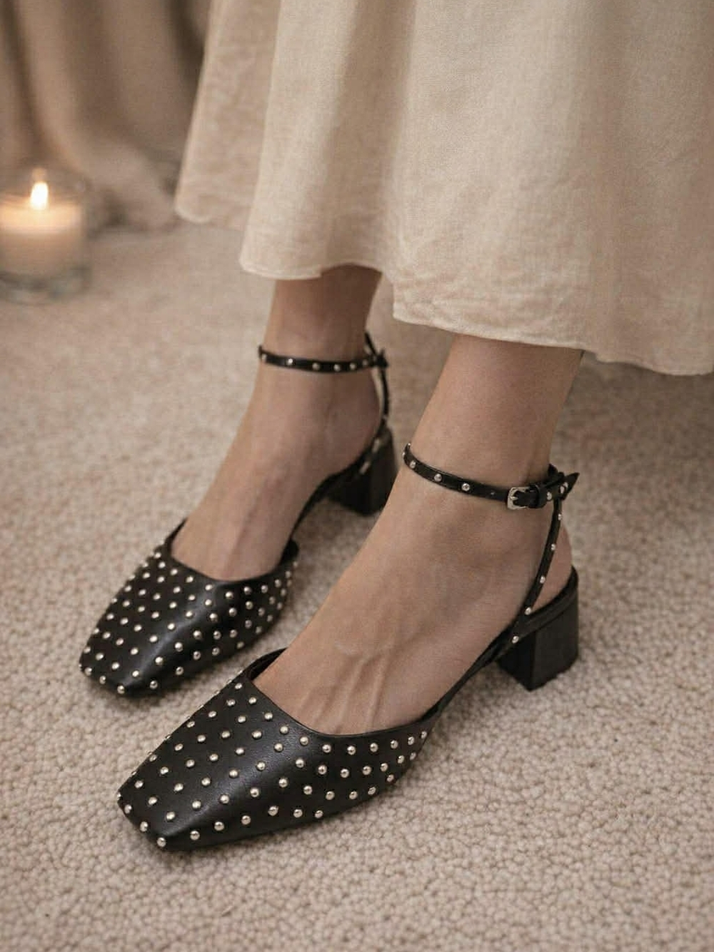 NWOT BCBG Queenie Black Studded Ankle Strap Pumps, Sz 8